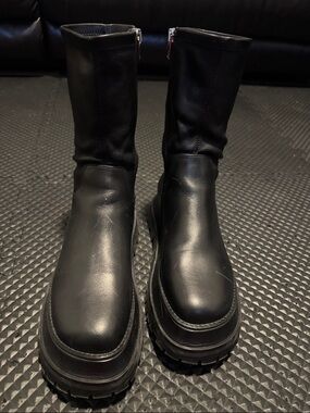 Burberry Black Leather Lug-Sole Mid-Calf Boots